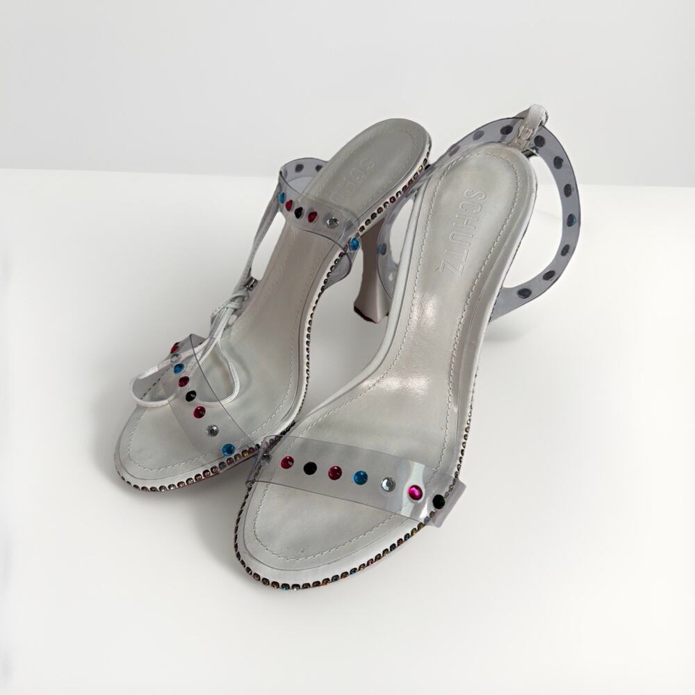 SCHUTZ Women's 4” Triangle Heels Size 6.5B Sandal White With Rhinestones